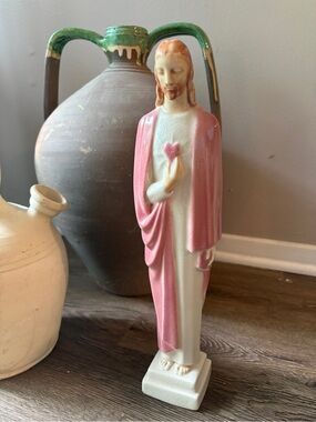 Vintage MCM Pink and White Sacred Heart Jesus Figurine